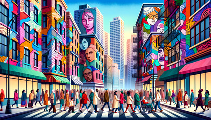 City of Colors: Murals of Diversity and Acceptance. Pedestrians of various ethnicities, genders, ages, and abilities walk the streets, reflecting a community of inclusion and acceptance.