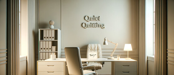 QUIET QUITTING: 3D render of a serene office space with a desk neatly organized, an empty chair, and a soft-lit lamp. On the desk, a handwritten note reads 'Thank You'.