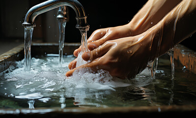 A Hygienic Act of Cleanliness in a Modern Sink. A person washing their hands in a sink