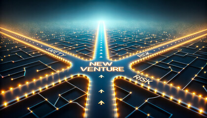 Crossroads with distinct pathways marked Safety, Risk, and NEW VENTURE. Each path is illuminated differently, with the NEW VENTURE path shining the brightest, indicating its promising prospects.