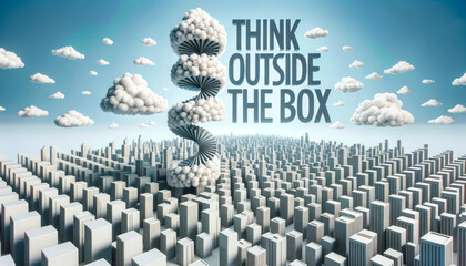 Obraz premium City of Conformity: Spiraled Structure in Cube City with Sky Projected Think Outside the Box