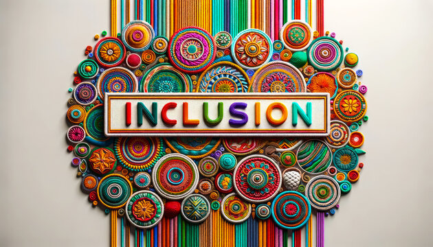 Vibrant tapestry, woven w patterns from various cultures around the world. Embroidered in center of the tapestry is the word 'INCLUSION', representing the rich & harmonious blend of global heritages..