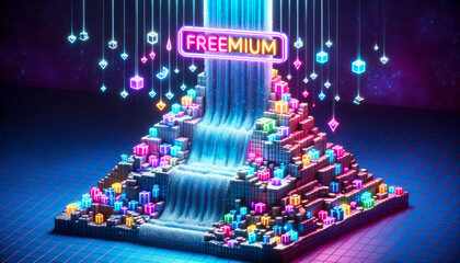 Digital Waterfall Transition: Pixelated Free Items to Shimmering Premium, Illuminated by Freemium