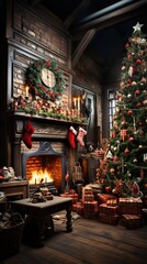 Fototapeta premium The Christmas tree is surrounded by presents wrapped in festive paper twinkling lights and colorful ornaments