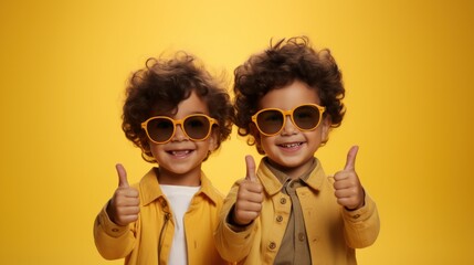 studio portrait, twin curly-haired boys don sunglasses and give a thumbs-up gesture while isolated against a vibrant yellow background, radiating youthful enthusiasm