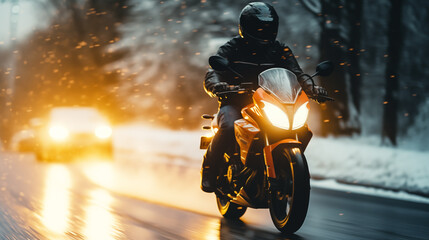 Motorcyclist rides on a motorbike on the snowy road in winter - obrazy, fototapety, plakaty