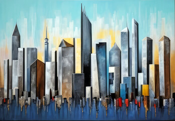 Abstract art painting style illustration of a fictitious cityscape of a cluster of modern high-rise skyscrapers.