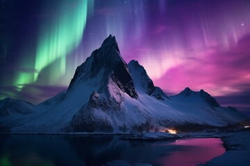 Beautiful purple aurora illuminating a snowy mountain. Generative AI