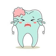 Unhealthy tooth kawaii character with tartar, cute cartoon character. Dental care. Illustration, icon, vector