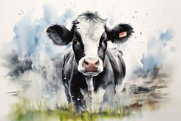 A cow in a natural setting with a wave of milk. Beautiful watercolor backdrop. Generative AI - obrazy, fototapety, plakaty