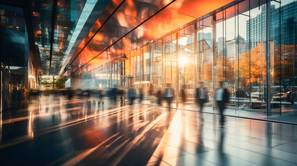 Entrepreneurs and business people entering to work in an office or company. Long exposure motion photography, photo blur and copy space. - obrazy, fototapety, plakaty