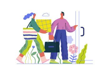 Mutual Support: Door Holding - modern flat vector concept illustration of woman carrying heavy box and man holding door for her. A metaphor of voluntary, collaborative exchanges of resource, services