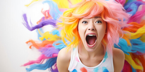 screaming asian girl with colorful hair