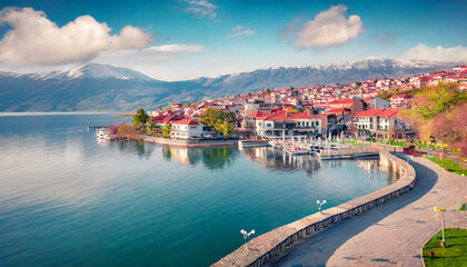 impressive spring cityscape of pogradec town beautiful outdoor scene of ohrid lake superb morning view of albania europe traveling concept background - obrazy, fototapety, plakaty