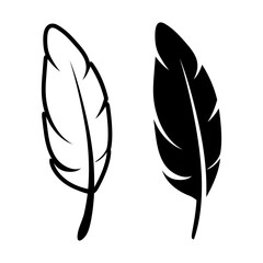Vector Black and White Fluffy Feather Logo Icon, Silhouette Feather Set Closeup Isolated. Design Template of Flamingo, Angel, Bird Feather. Lightness, Freedom Concept