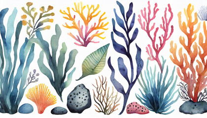 watercolor hand drawn set with colorful illustration of abstract sea underwater plants seaweeds...