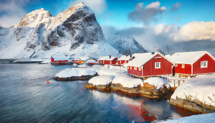 snowy winter view of justad fishing village on vestvagoy island with red chalets on background cold morning scene of lofoten islands after huge snowfall traveling concept background - obrazy, fototapety, plakaty