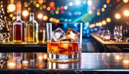 ai generated ai generative classic alcohol whiskey scotch drink in glass with ice cubes at bar pub night club background decoration mock up graphic art