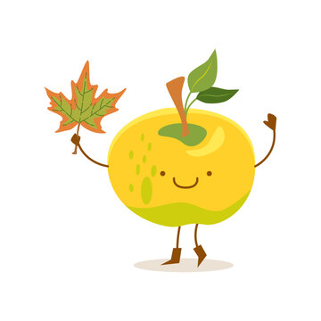 Funny apple with maple leaf in kawaii style. Vector color isolated illustration.