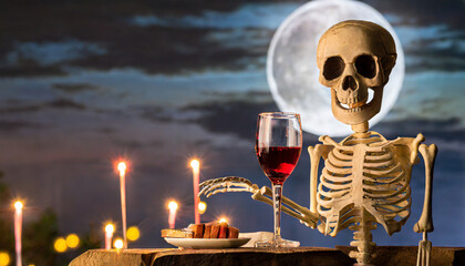 skeleton sips a spooky toast with red wine in the midnight hour