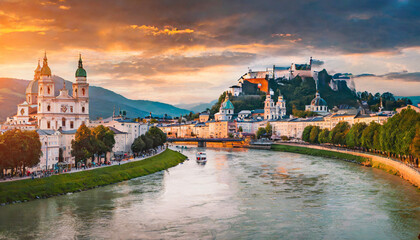 panoramic summer cityscape of salzburg old city birthplace of famed composer mozart great sunset in eastern alps austria europe adorable evening landscape with salzach river - obrazy, fototapety, plakaty