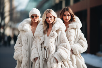 Fashion models wearing white winter fur coats. Outdoor portrait in daylight. Warm clothes concept - obrazy, fototapety, plakaty