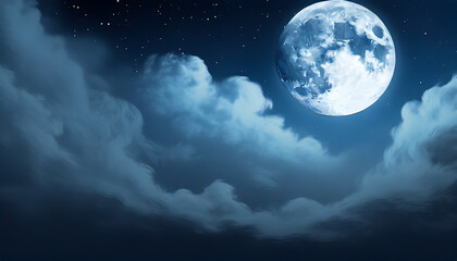 Obraz na płótnie Canvas dark deep blue gradient night mystical moonlight moon with fluffy magical clouds phone hd background wallpaper ai generated
