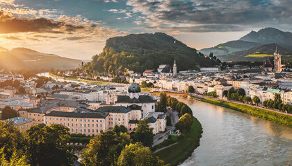 Fototapeta premium panoramic summer cityscape of salzburg old city birthplace of famed composer mozart great sunset in eastern alps austria europe adorable evening landscape with salzach river
