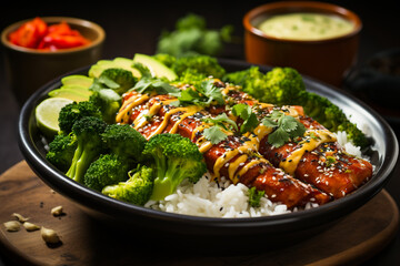 Avocado, broccoli, spinach and fried salmon with rice and sauce. Healthy diet recipe concept. Quality for restaurant menu