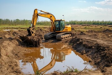 Fototapeta na wymiar Excavator digging soil at farm to make pond and removing shale layer. Earthmover vehicle for construction business. Generative AI