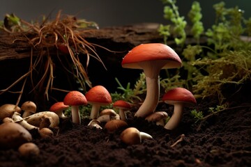 Background with soil and mushrooms. Generative AI