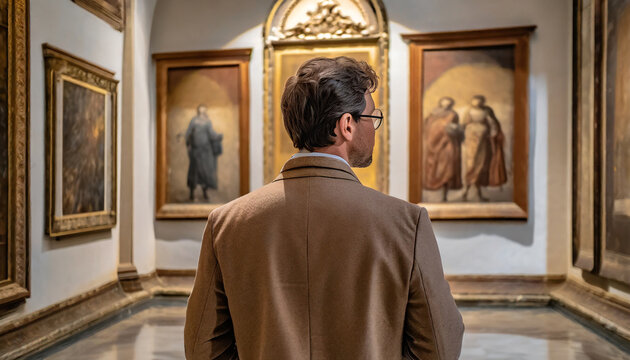 back of an adult person looking at renaissance style paintings in an old museum art gallery
