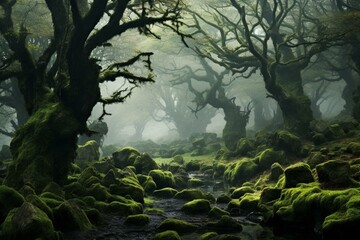 Mysterious misty woods with ancient mossy trees, enchanting scenery. Generative AI