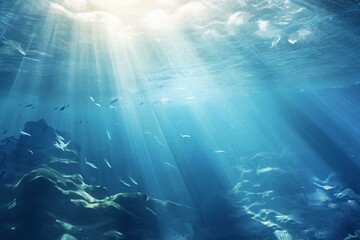 Naklejka na ściany i meble Blue underwater scene with sunlight. Generative AI