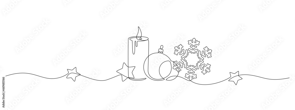 Aufkleber one continuous line drawing of christmas greeting card. festive candle with snowflake and christmas 