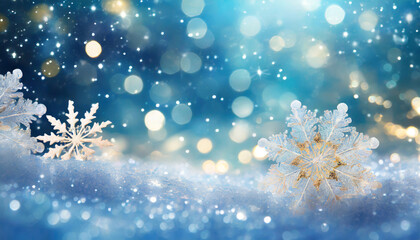 Fototapeta na wymiar winter wonderland sparkling snowflakes on glittery blue bokeh background