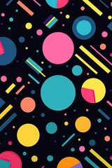 Obraz premium Creative geometric colorful shapes on black background. Abstract design for print, t-shirt, paper, poster, banner, card. Pop art. Neo memphis, vaporwave, retrowave style