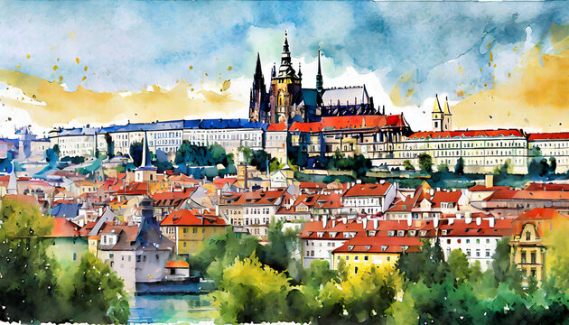 an illustration of prague with its ancient castle