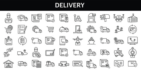 Fototapeta na wymiar Delivery icons set. Collection of simple linear web icons such as Shipping By Sea Air, Delivery Date, Courier, Warehouse, Return Search Parcel, Fast Shipping and others Editable vector stroke