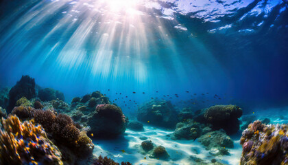 Naklejka na ściany i meble sunlit serenity exploring underwater realm beneath surface capturing magic of ocean oceanic sunbeams enchanting depths of sea