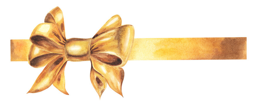 Watercolor hand drawn yellow golden gift bow with ribbon for holiday design of any kind of poligraphy - cards, flyers, posters. Bright and colorful for joy.
