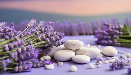 Obraz na płótnie Canvas lavender serenity purple flowers and white pebbles on a modern clean lavender background