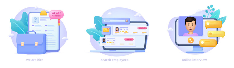 We are hire, search employees, online interview, cv, resume. 3d icon set for landing page. Three dimensional vector illustration collection for website, print, banner
 - Powered by Adobe