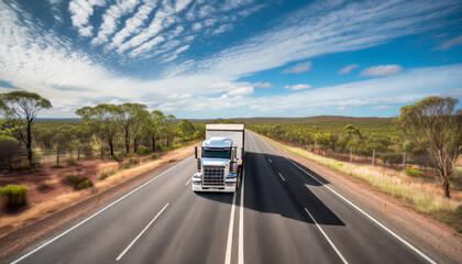 huge semi truck crossing the australia northern territory bush landscape on an empty road - obrazy, fototapety, plakaty