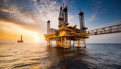 Zelfklevend Fotobehang offshore oil and rig platform in sunset or sunrise time construction of production process in the sea generative ai © Mary