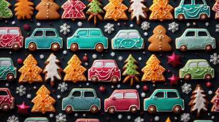 Homemade gingerbread cookies in the shape of Christmas trees and cars covered with multicolored glaze, decorated with stars and snowflakes, top view