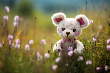 adorable stuffed animal amidst blooming meadow. Generative AI