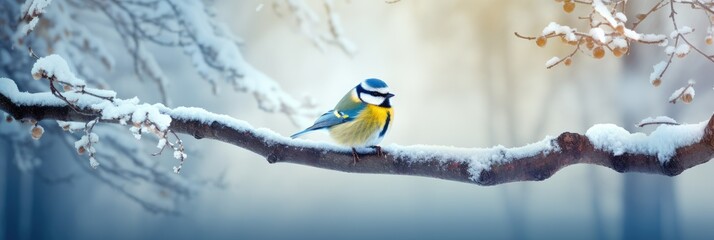 Little frozen yellow bid sits on a snow-covered branch on frosty snowy morning. Bird in forest, wildlife scene from nature. First snow. Winter time concept - obrazy, fototapety, plakaty