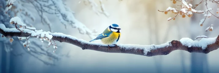 Foto op Plexiglas Little frozen yellow bid sits on a snow-covered branch on frosty snowy morning. Bird in forest, wildlife scene from nature. First snow. Winter time concept © ratatosk