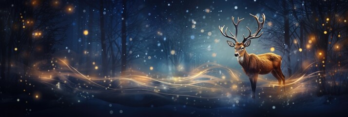 Obraz na płótnie Canvas Red deer stag in the winter night forest. Noble deer male. Banner with beautiful animal and magic lights. Wildlife scene from the wild nature snowy landscape. Wallpaper, Christmas background